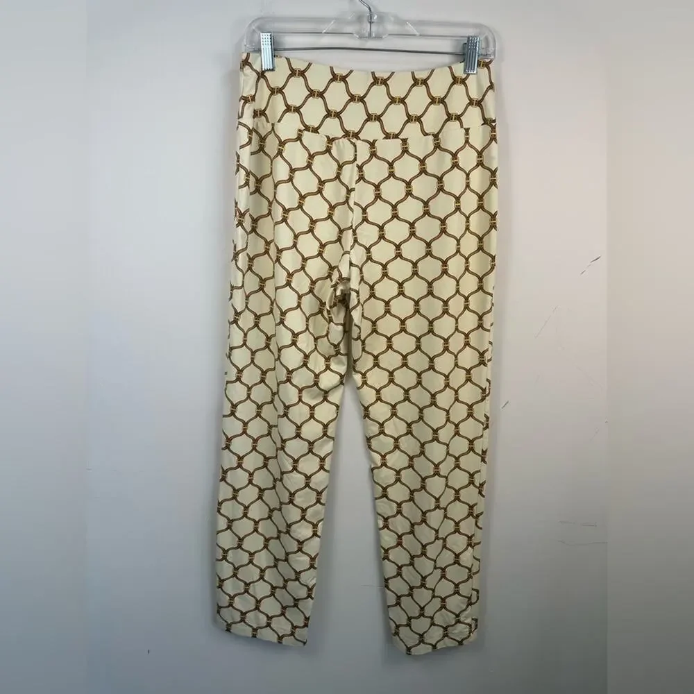 J. McLaughlin Cream and Brown Belt Pattern Pants Catalina Cloth Size Medium EUC